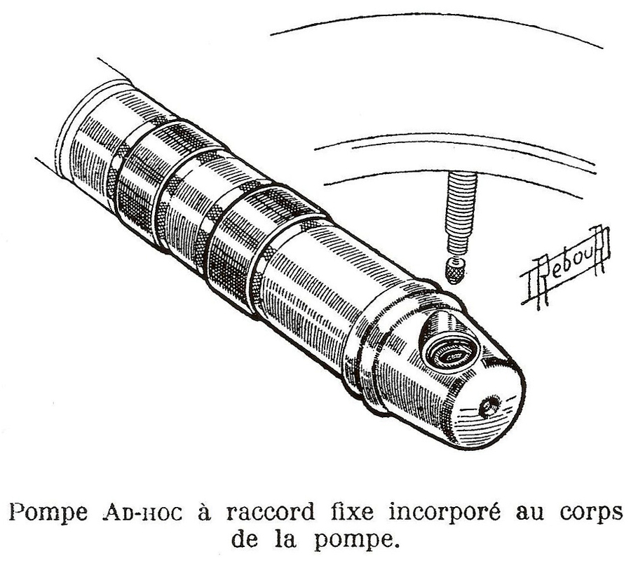 détail pompe AD-HOC, raccord fixe incorporé dans le corps de la pompe dessin de Daniel Rebour