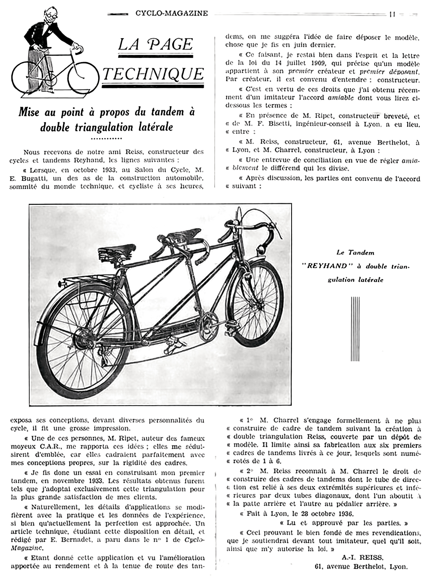 Publicité Cyclo-Magazine n° 25 du 15 mai 1937sur le tandem Paul Charrel écrit par André Reiss (REYHAND)