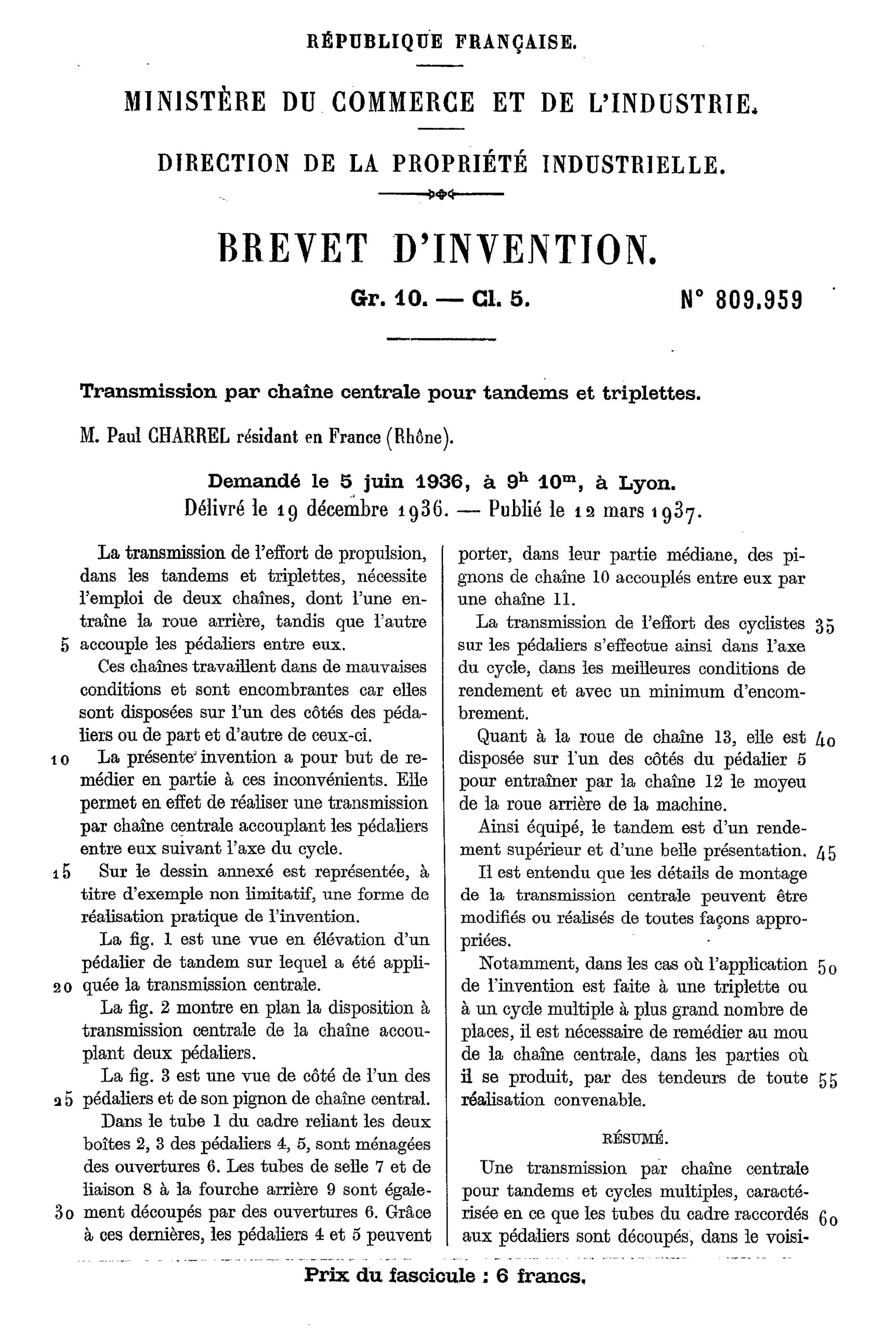 Brevet Paul Charrel n°809.959 sur la transmission d'une triplette, publié le 12 mars 19437_INPI page 1