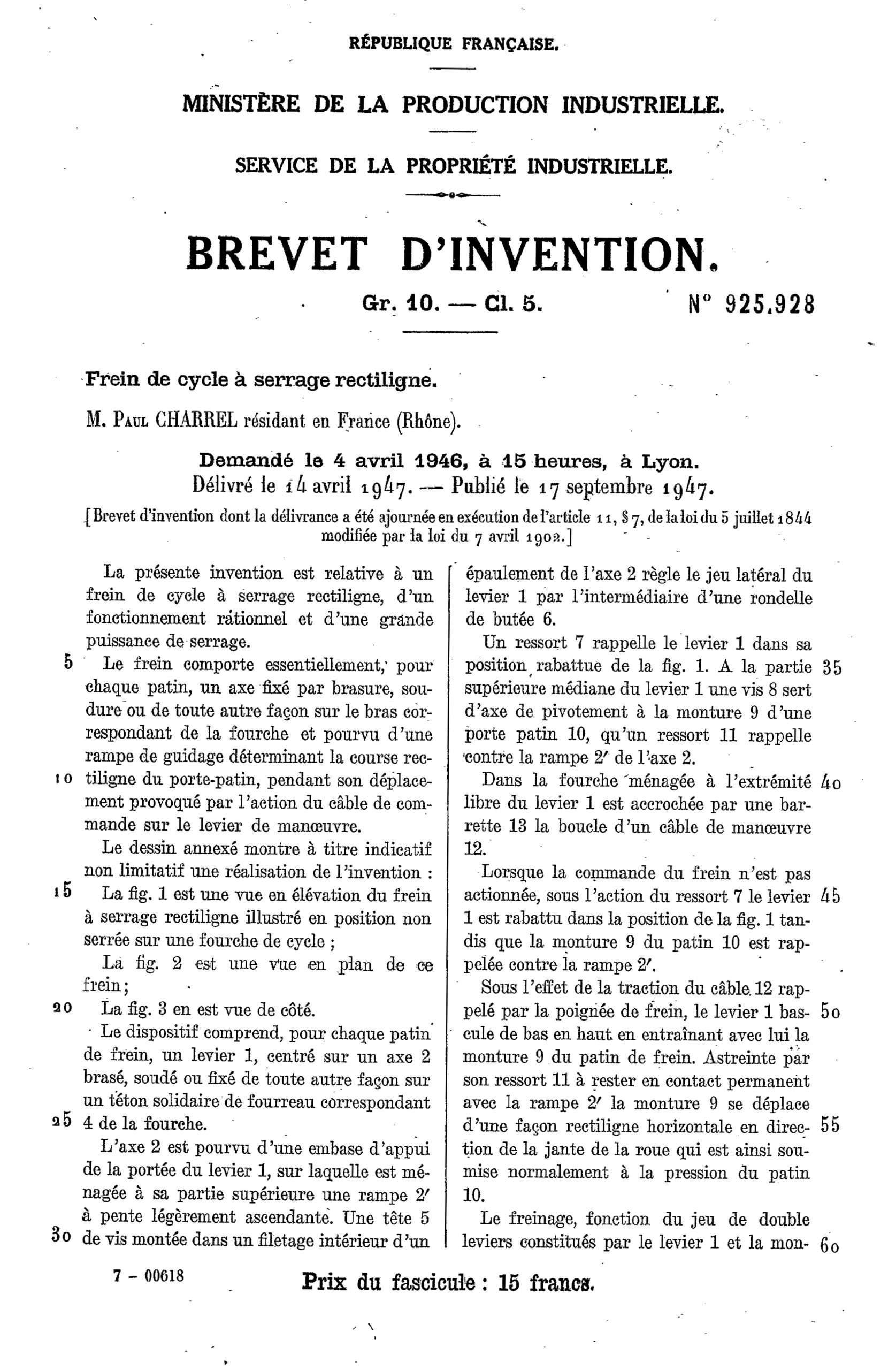 Brevet Paul Charrel n°925.928 sur les freins, publié le 17 septembre 1947_INPI page 1