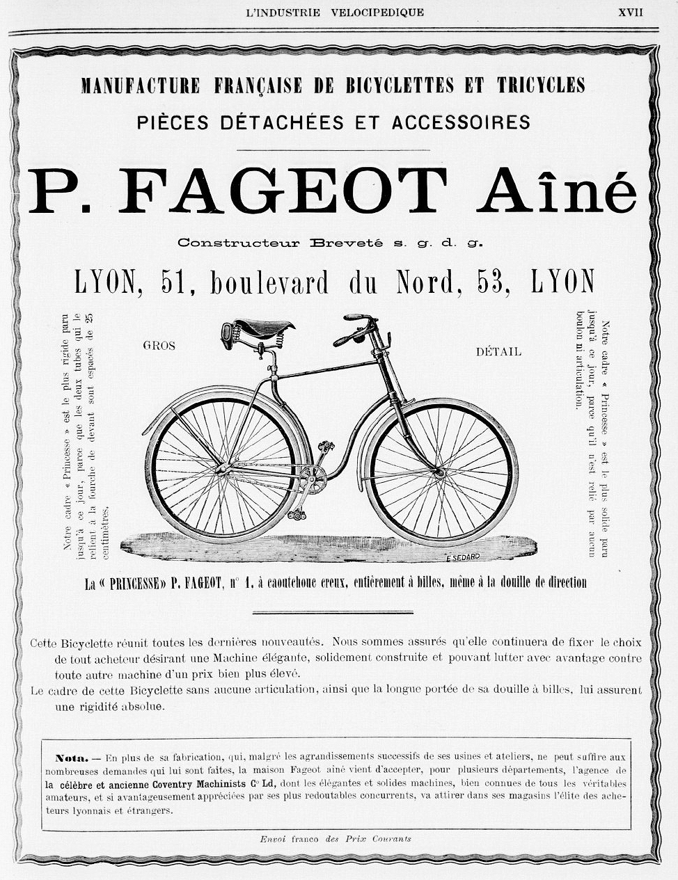 Publicité Fageot, industrie vélocipédique -1892