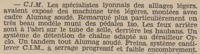 Journée vélocio 1949, en marge de la manifestation à l'exposition le stand C.I.M. est decrit par M.VACHER